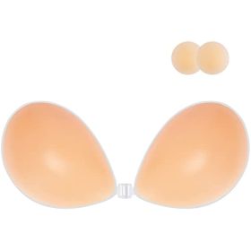 Adhesive Bra Strapless Sticky Invisible Push up Silicone Bra for Backless Dress with Nipple Covers (Color: black, Cup Size: D)