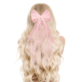 Bridal Pearl Hair Bow Veil Bridesmaid Large Hair Bow Wedding Veil (Color: Pink)