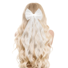 Bridal Pearl Hair Bow Veil Bridesmaid Large Hair Bow Wedding Veil (Color: White)